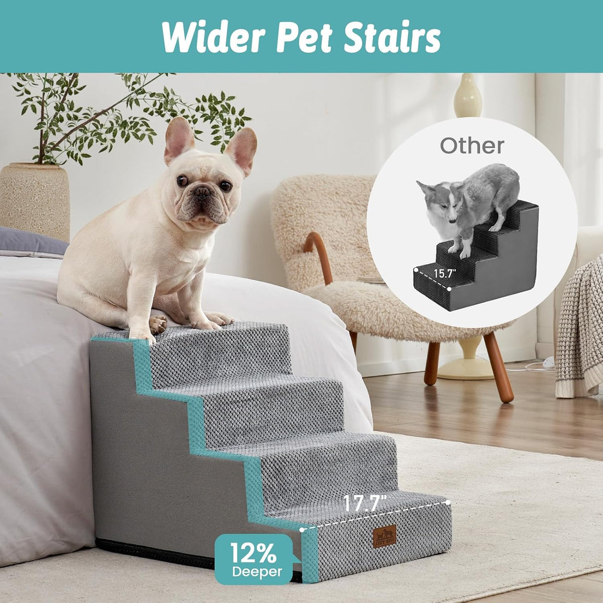 COZY KISS Dog Stairs for Small Dogs, 4 Step Pet Stairs for Beds & Couches