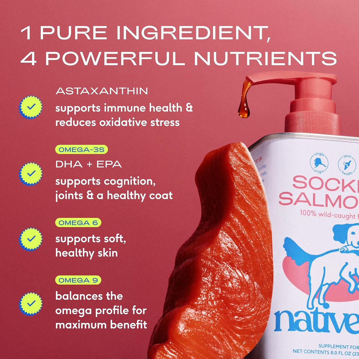 Native Pet Sockeye Salmon Oil for Dogs & Cats - Wild Alaskan Fish Oil for Dogs - Supports Strong Joints, Skin & Coat, Heart Health & Cognition - Single-Origin Pure Omega-3 EPA & DHA - 8oz