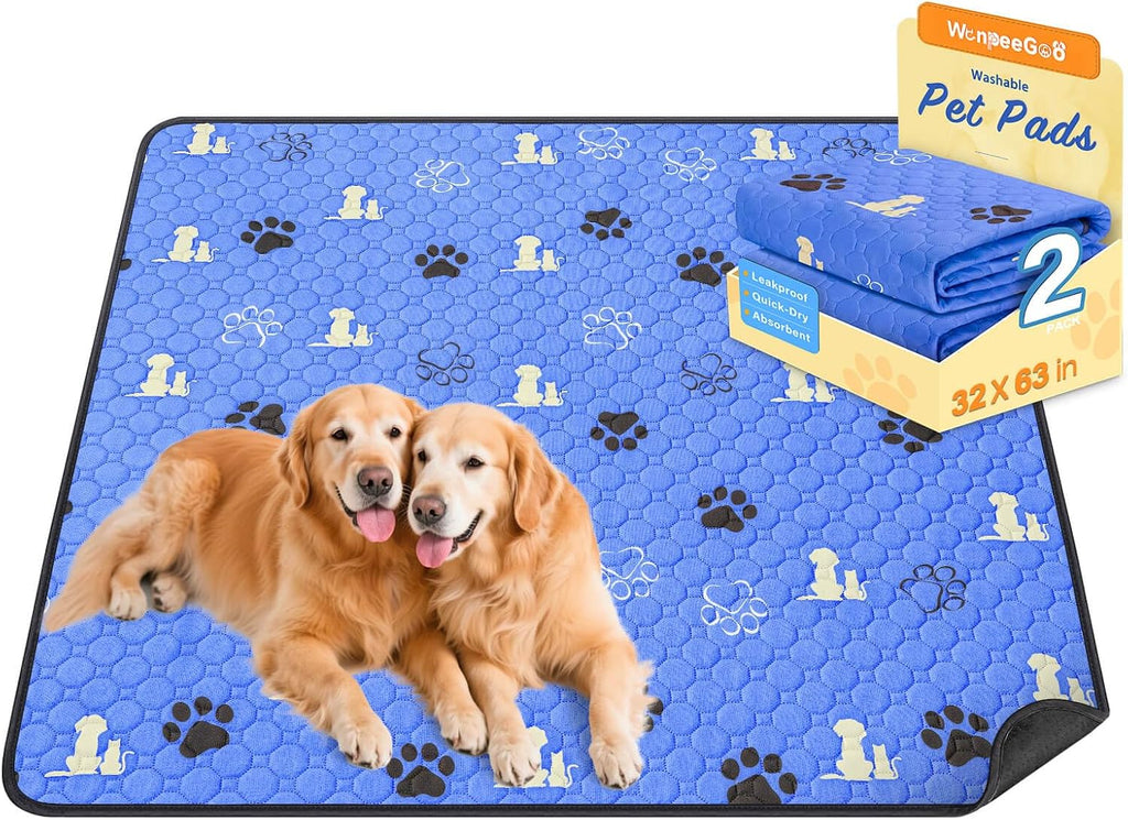 WanpeeGoo Washable Pee Pads for Dogs, Waterproof, 32 x 63 in, 2 Pack, Blue | Super Absorbent, Waterproof and Non-Slip; Washable, Reusable Dog Pads for Crates, Playpens, Floors, Furniture and Travel
