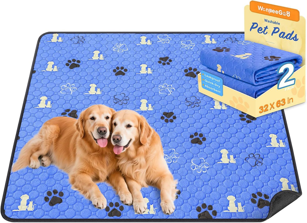 WanpeeGoo Washable Pee Pads for Dogs, Waterproof, 32 x 63 in, 2 Pack, Blue | Super Absorbent, Waterproof and Non-Slip; Washable, Reusable Dog Pads for Crates, Playpens, Floors, Furniture and Travel