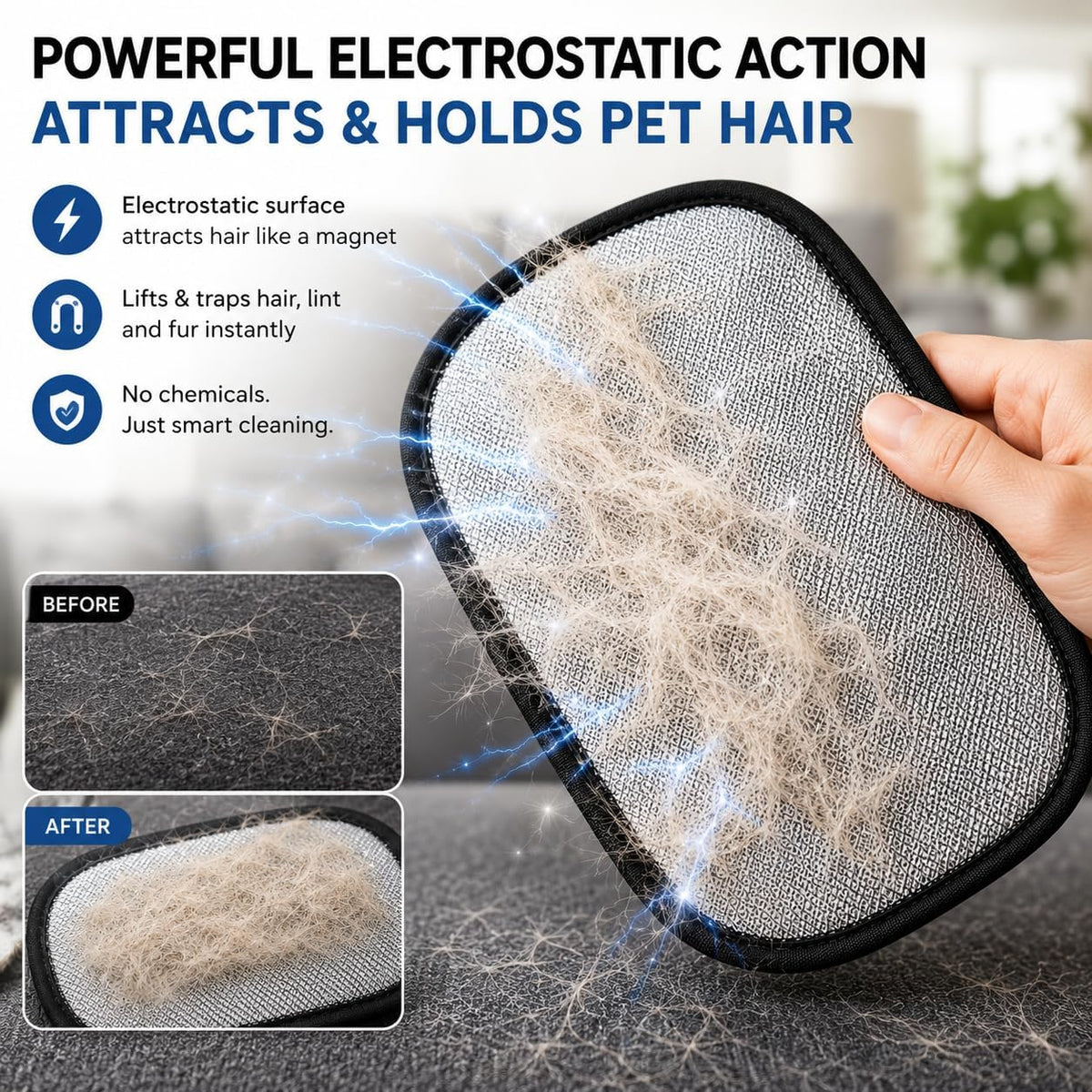 Pet Hair Remover Glove for Dogs & Cats – Cat Hair Remover & Dog Hair Removal Tool, Reusable Electrostatic Grooming Glove for Furniture, Couch, Carpet, Car Seat & Clothes – Easy Pet Hair Cleaning Mitt
