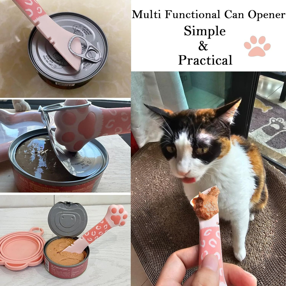 SJANE 4 Pcs Cat Food Can Spoon & Can Covers | Cute Paw Silicone Pet Food Opener Spatula & Lids | Stainless Steel Wet Food Spoon for Cats and Dogs(Pink)