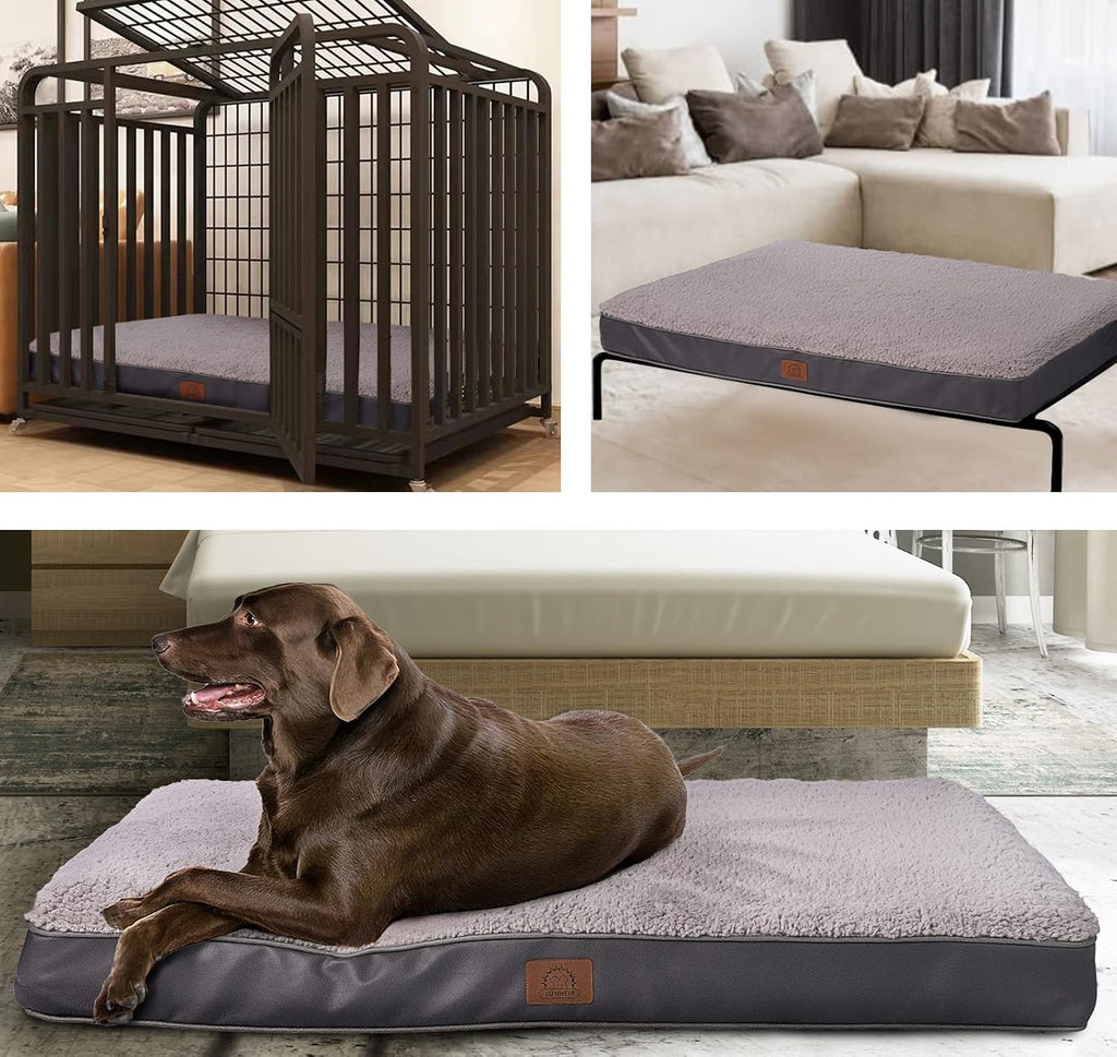 Sunheir Orthopedic Dog Bed for Large Dogs - Big Waterproof Dog Crate Bed with Removable Washable Cover, Egg Crate Foam Support, Anti-Slip Bottom, Deluxe Plush Pet Bed Mat (Grey) (Pack of 2)