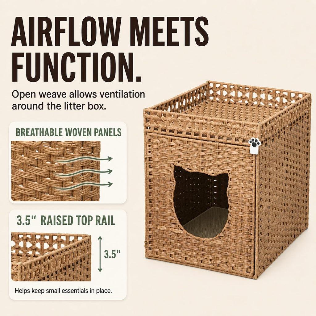 Handwoven Rattan Cat Litter Box Enclosure for Large Litter Boxes, 24.5-Inch Deep Hidden Cat Washroom Furniture with Litter Mat & 2 S-Hooks, Natural