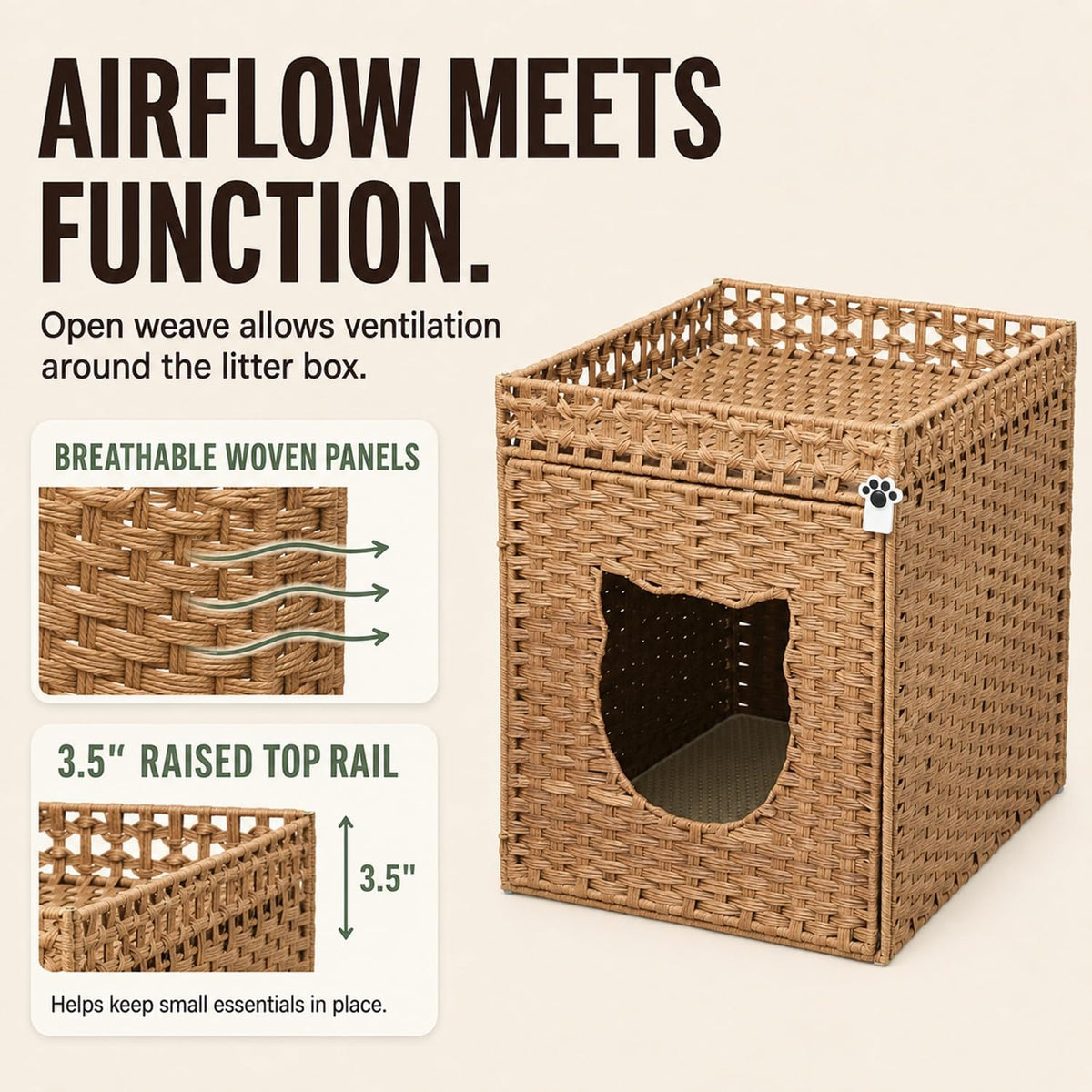 Handwoven Rattan Cat Litter Box Enclosure for Large Litter Boxes, 24.5-Inch Deep Hidden Cat Washroom Furniture with Litter Mat & 2 S-Hooks, Natural