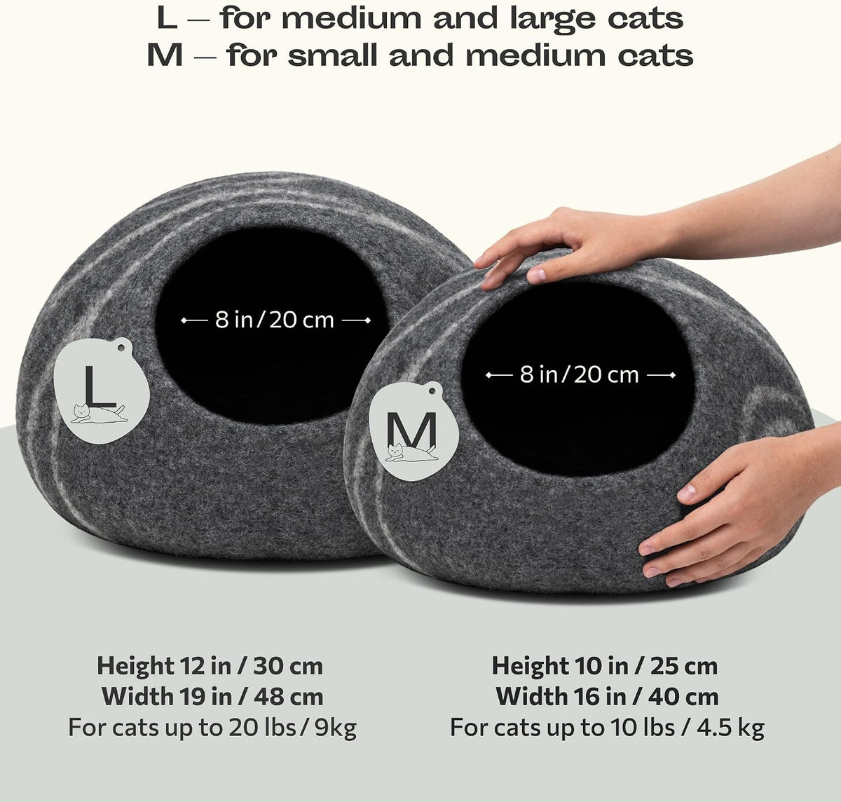 MEOWFIA Cat Cave – Premium Felt Cat Bed Enclosure for Indoor Cats, Handmade Merino Wool (Dark Grey, Large) (Pack of 2)