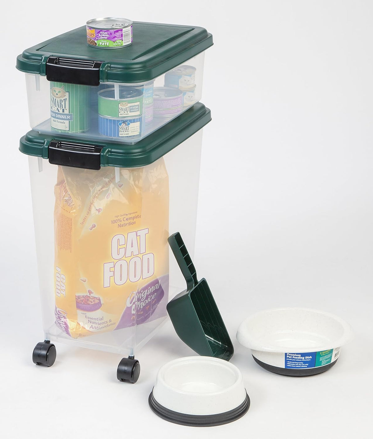 IRIS USA Airtight Pet Food Container, Up to 30 lbs & 11 lbs, Green | Airtight Seal, BPA-Free, 2-Cup Scoop, Stackable Design, Rolling Wheels, Dual Storage 