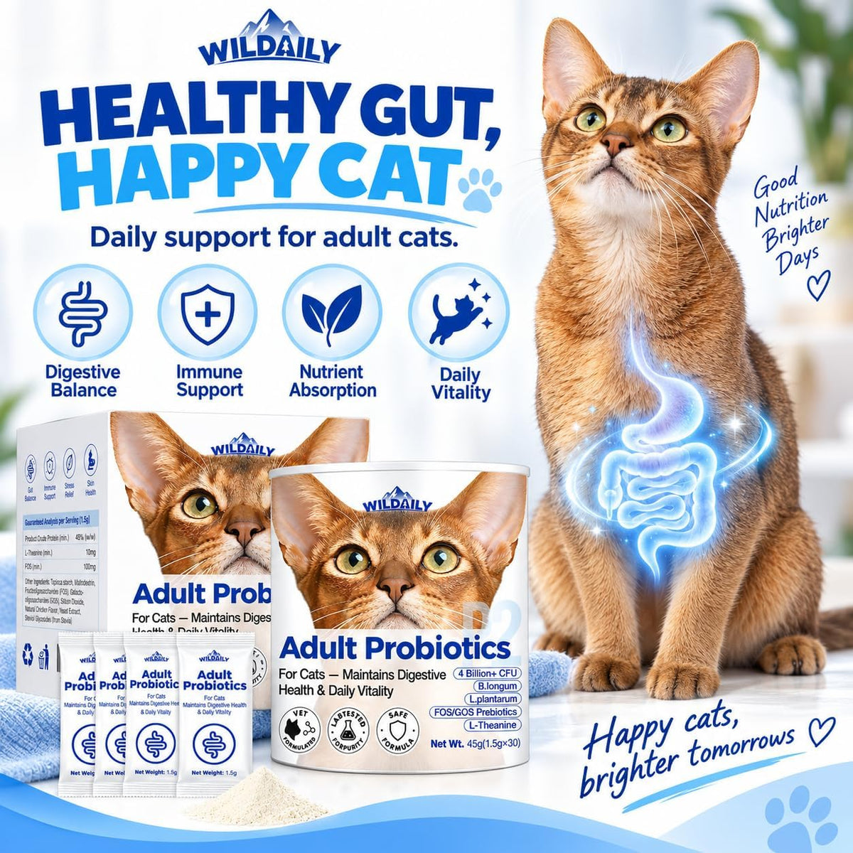 Probiotics for Cats with Prebiotics, 4 Billion CFU Digestive & Gut Health Support for Adult Cats, Probiotic Powder with B. longum + L. plantarum, FOS & GOS, 30 Daily Stick Packs