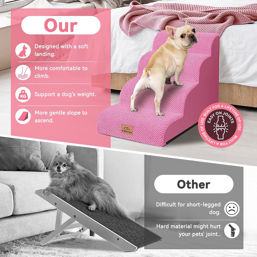 Zerbuger Dog Ramp and Stairs for Bed, Pink 4 Steps 20" H, Nonslip Cover