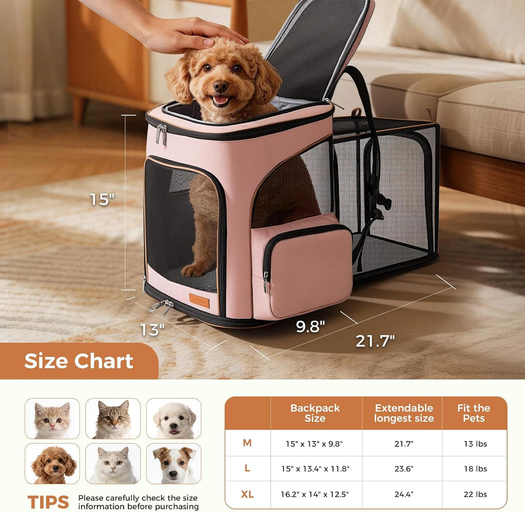 Lekereise Large Cat Backpack Carrier Expandable Pet Carrier Backpack for Small Dogs Medium Cats Fit Up to 18 Lbs, Foldable Puppy Backpack Carrier for Travel, Hiking, Pink