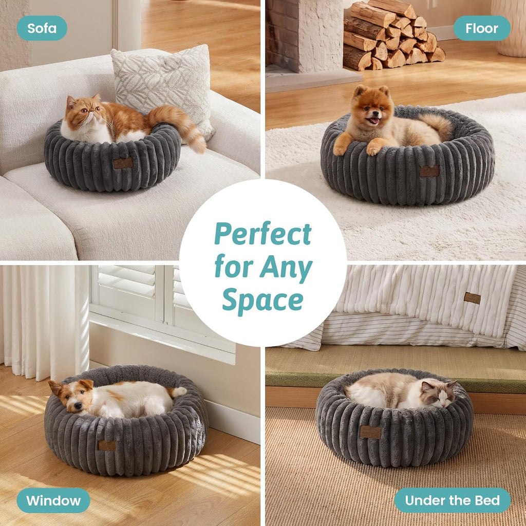 COZY KISS Calming Large Cat Bed, Donut Medium Dog Bed, 26in Grey