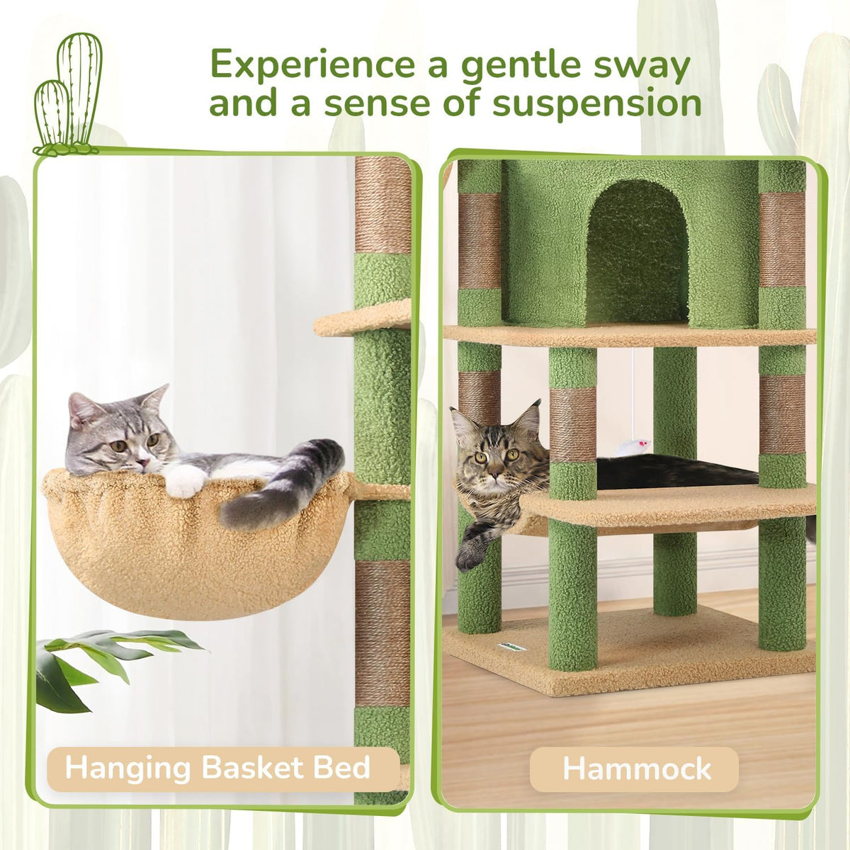Globlazer 66in Cactus Corner Cat Tree for Indoor Large Cats, C66, Green