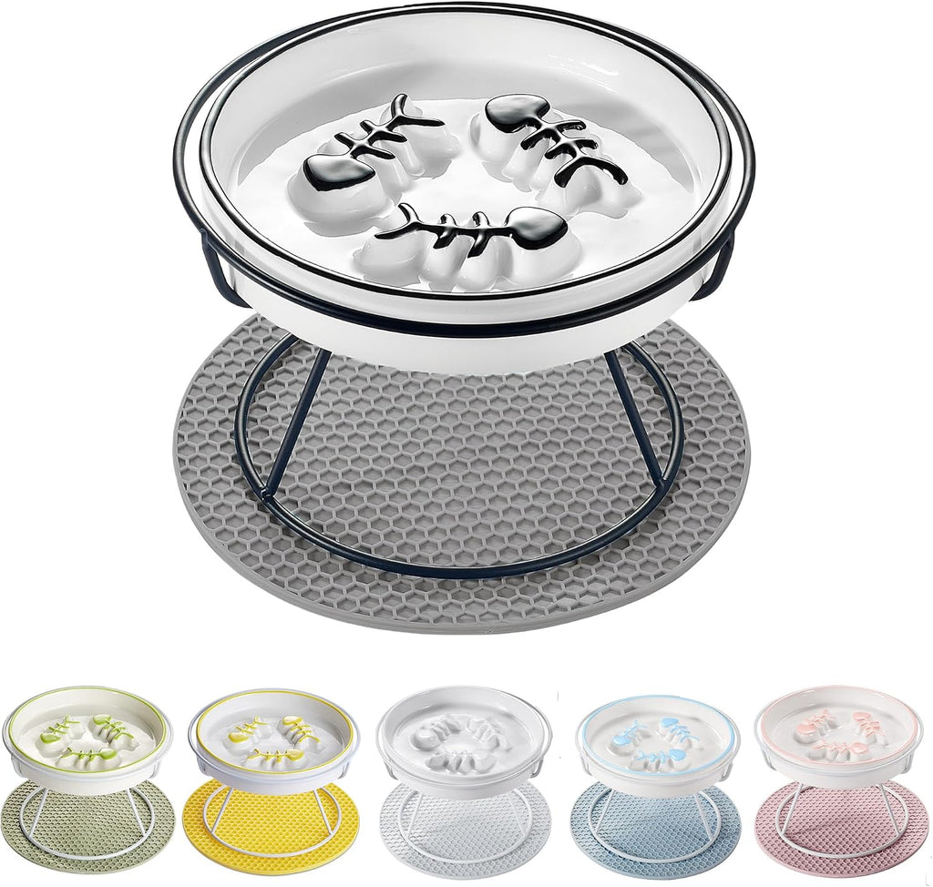 Ceramic Elevated Slow Feeder Cat Bowl, Anti Vomit, Removable Dish, Black