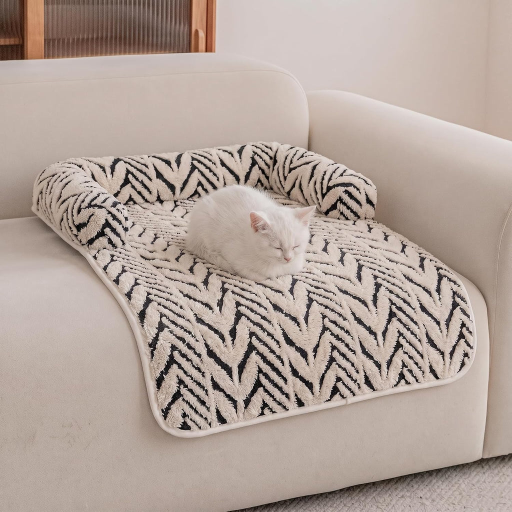Calming Dog Couch Bed Mats with Neck and Head Support, Fluffy Plush Pet Sofa Cover for Small Medium Dogs and Cats, Non-Slip Bottom, Machine Washable