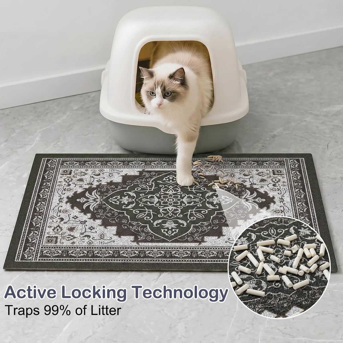 Glittme Cat Litter Mat with Non-Slip Bottom Litter Box Mat 40"X30" Litter Trapping Mat Easy to Clean Washable Cat Food Mat for Kitty,XL