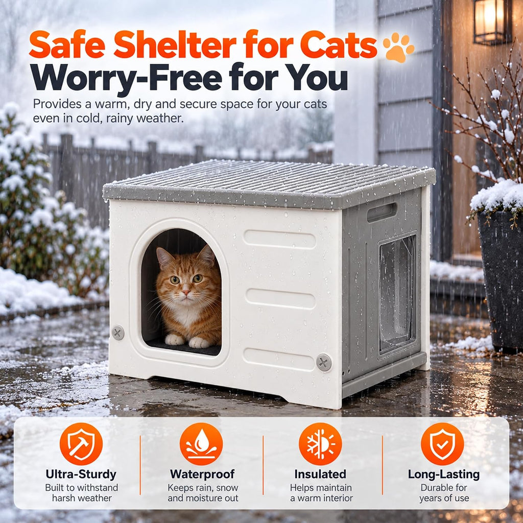 Rockever HDPE Cat House with Liner, Outdoor Waterproof Easy Clean Shelter