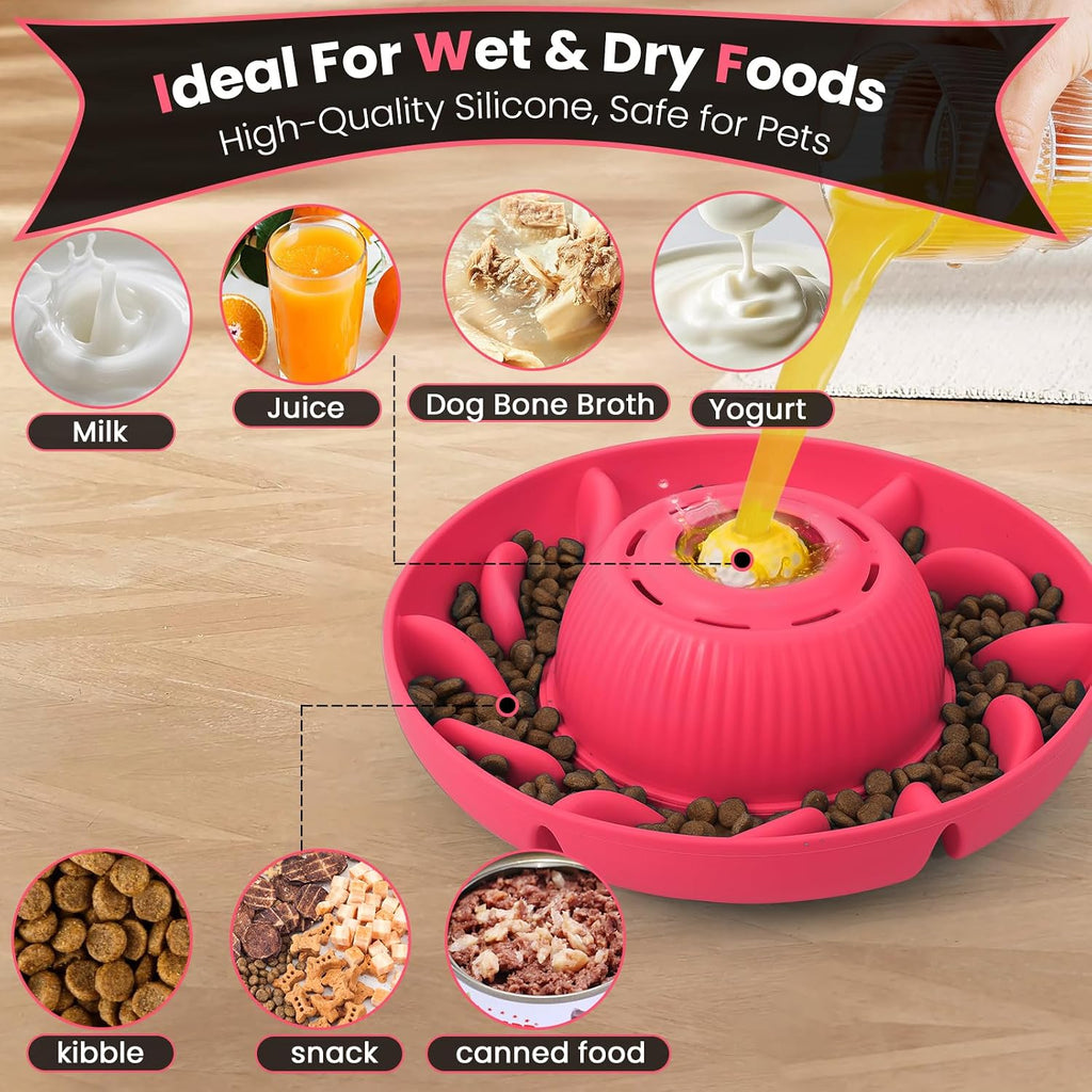 PUPPYGANG 2-in-1 Slow Feeder Dog Bowl & Dog Lick Bowl for Medium Large Dogs, Silicone Puzzle Feeder with Removable Lick Ball, Suction Base Bowl for Kibble, Wet Food, Yogurt & Peanut Butter (Red)