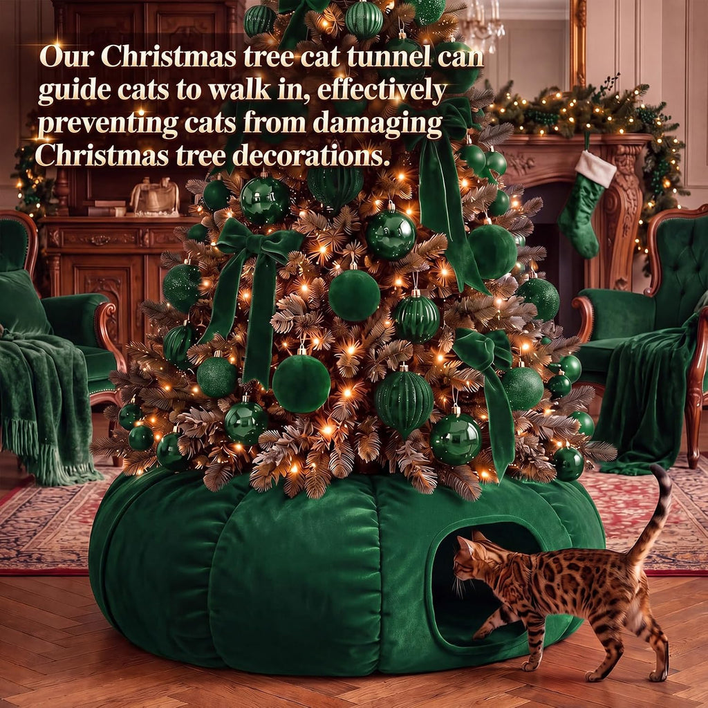 Christmas Tree Cat Tunnel 36 in Donut Bed, Green, Velvet, Fluffy
