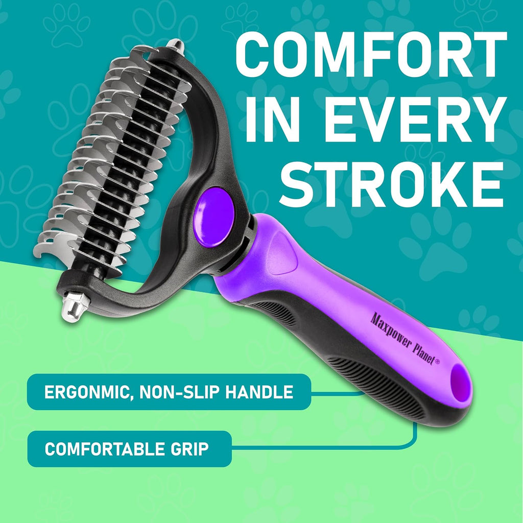Maxpower Planet Pet Grooming Brush - Double Sided, Extra Wide for Dogs and Cats - Dematting Undercoat Rake, Reduces Shedding by 95%, Purple