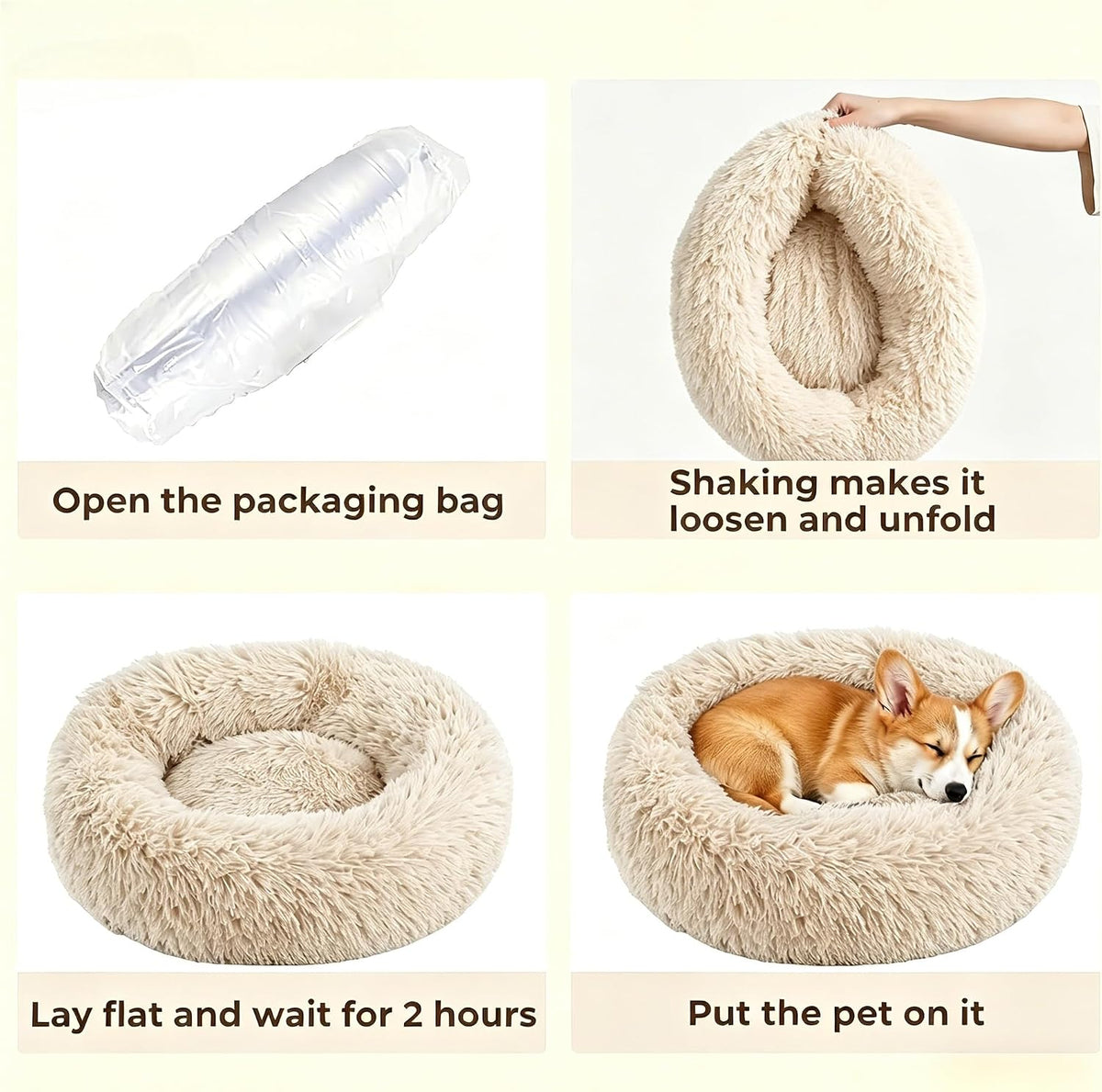 Calming Donut Dog and Cat Bed for Indoor Cats, Anti-Anxiety Round Fluffy Soft Washable Small Pet Bed for Puppy and Kitten, Warming Comfortable Luxury Anti-Slip Waterproof Mute Base 20in Light Brown