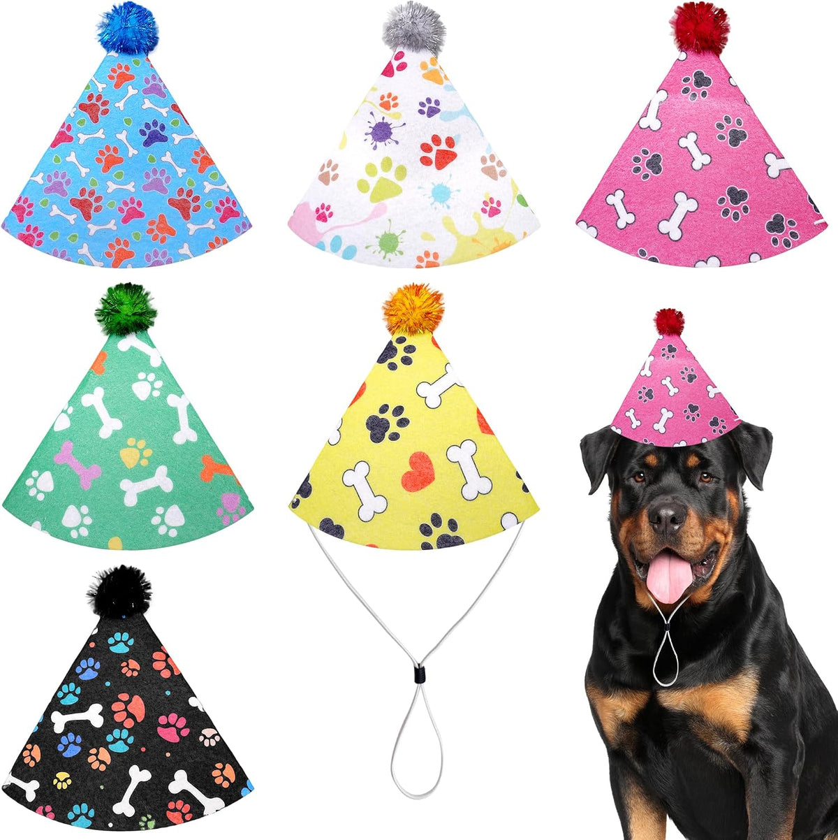 6PCS Dog Birthday Hats Party Hats Felt for Large XL XXL Dogs Paw Bone