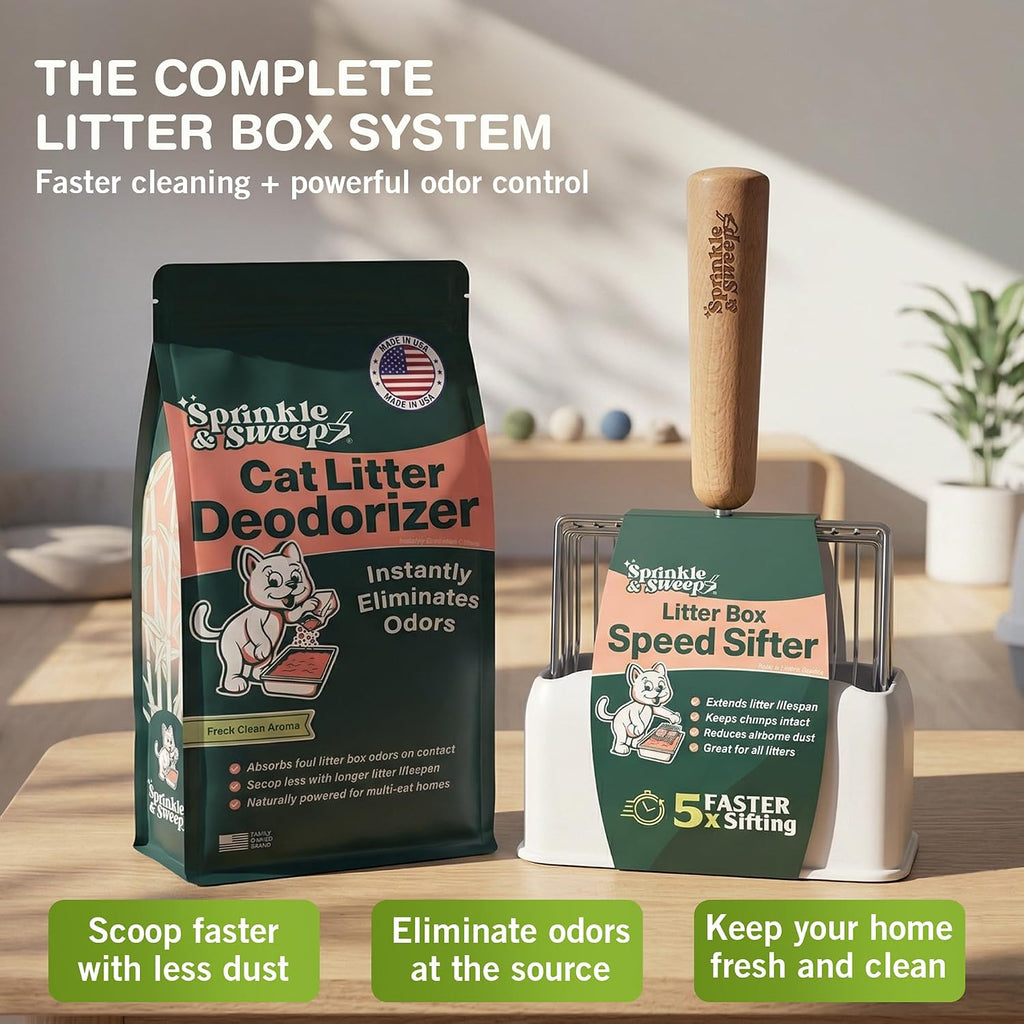 Sprinkle & Sweep: Litter Box Speed Sifter- 2 Pack - Metal Scoop, Comfortable Wood Grip, Washable Stand, Efficient Cleaning, Cat & Pet Maintenance