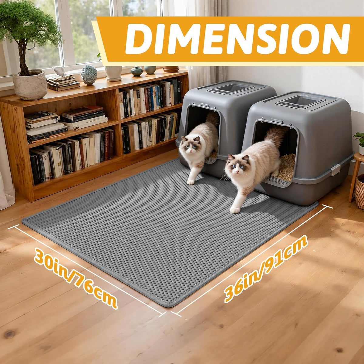 Pieviev Cat Litter Mat, Double-Layer Waterproof Litter Trap, 36" x 30" Gray | Honeycomb Design Catches Scattered Particles to Stop Tracking, Urineproof Base Protects Floors, Easy to Clean