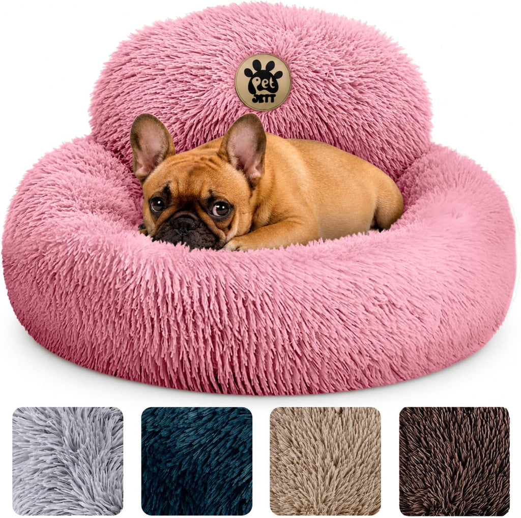 PetJett Calming Dog Bed for Small Dogs – 23" Donut Dog Beds, Anti-Slip & Washable Fluffy Plush Faux Fur Pet Bed, Anti-Anxiety Premium Comfort Round Puppy Bed, Fits Dogs up to 25 lbs – Pink
