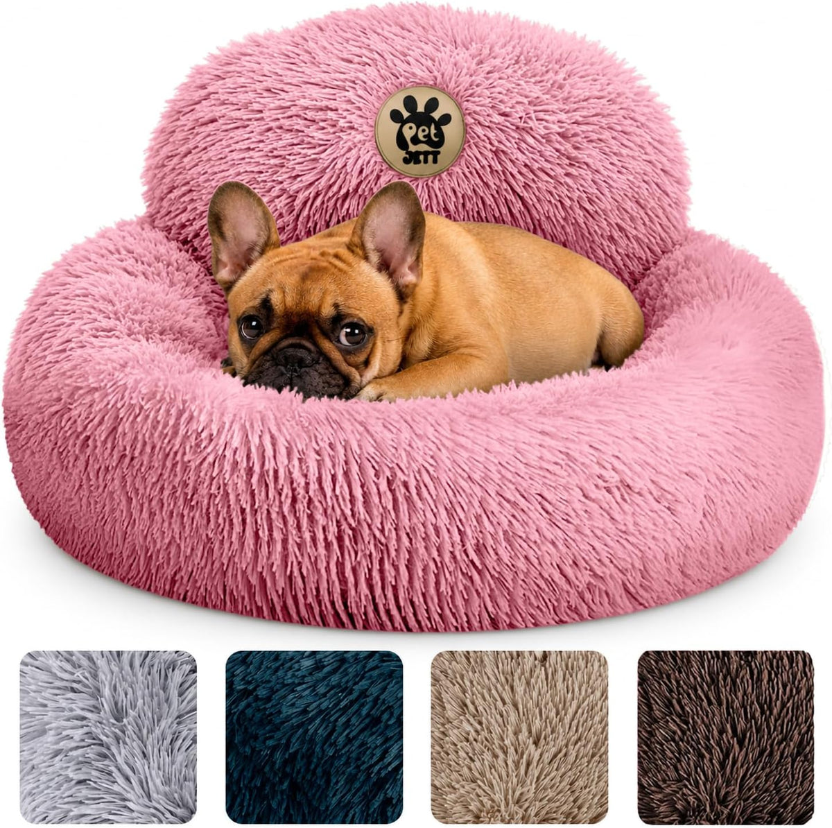 PetJett Calming Dog Bed for Small Dogs – 23" Donut Dog Beds, Anti-Slip & Washable Fluffy Plush Faux Fur Pet Bed, Anti-Anxiety Premium Comfort Round Puppy Bed, Fits Dogs up to 25 lbs – Pink