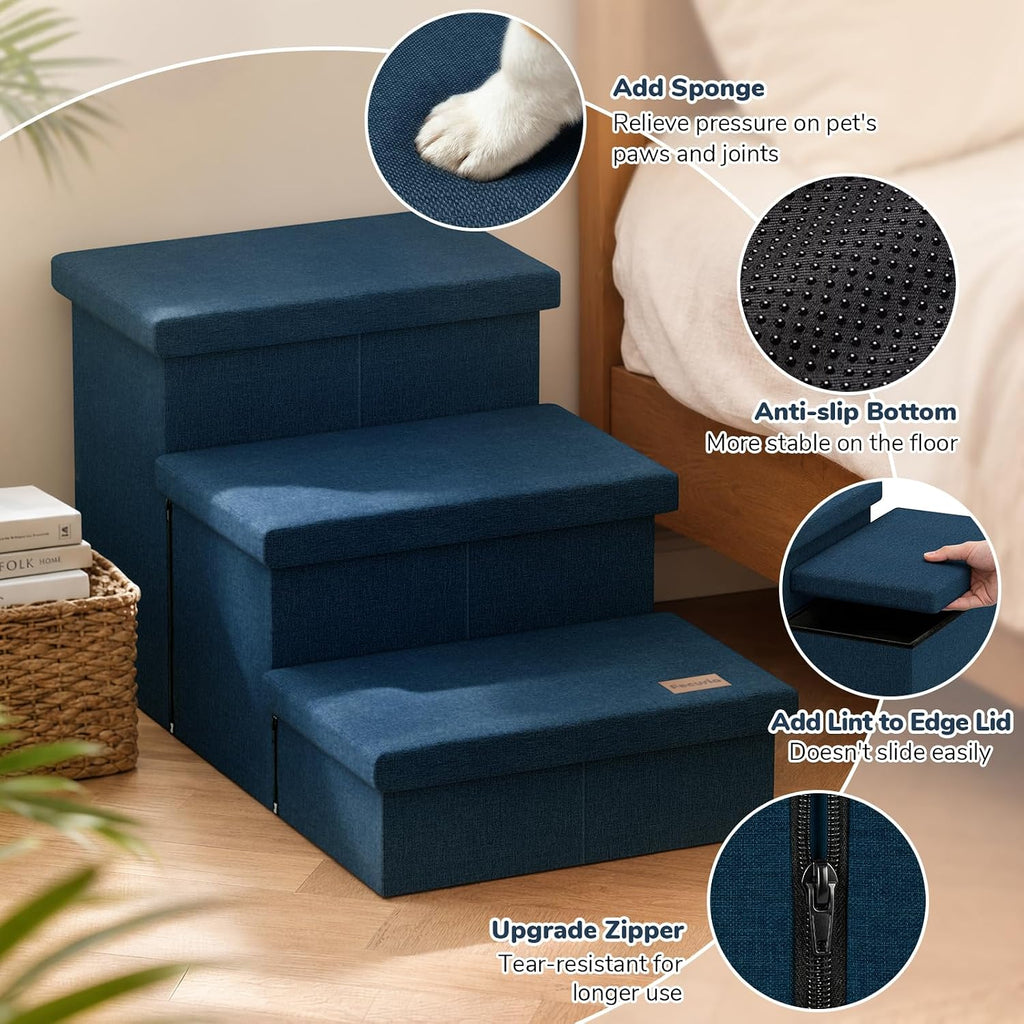 3-Step Wide Dog Stairs with Hidden Storage 18" H, Non-Slip Dog Steps for High Bed Couch Window Car, Jiont-Friendly Pet Stairs Ramp for Small/Medium/Large Old Dogs Cats Up to 220lbs, Navy