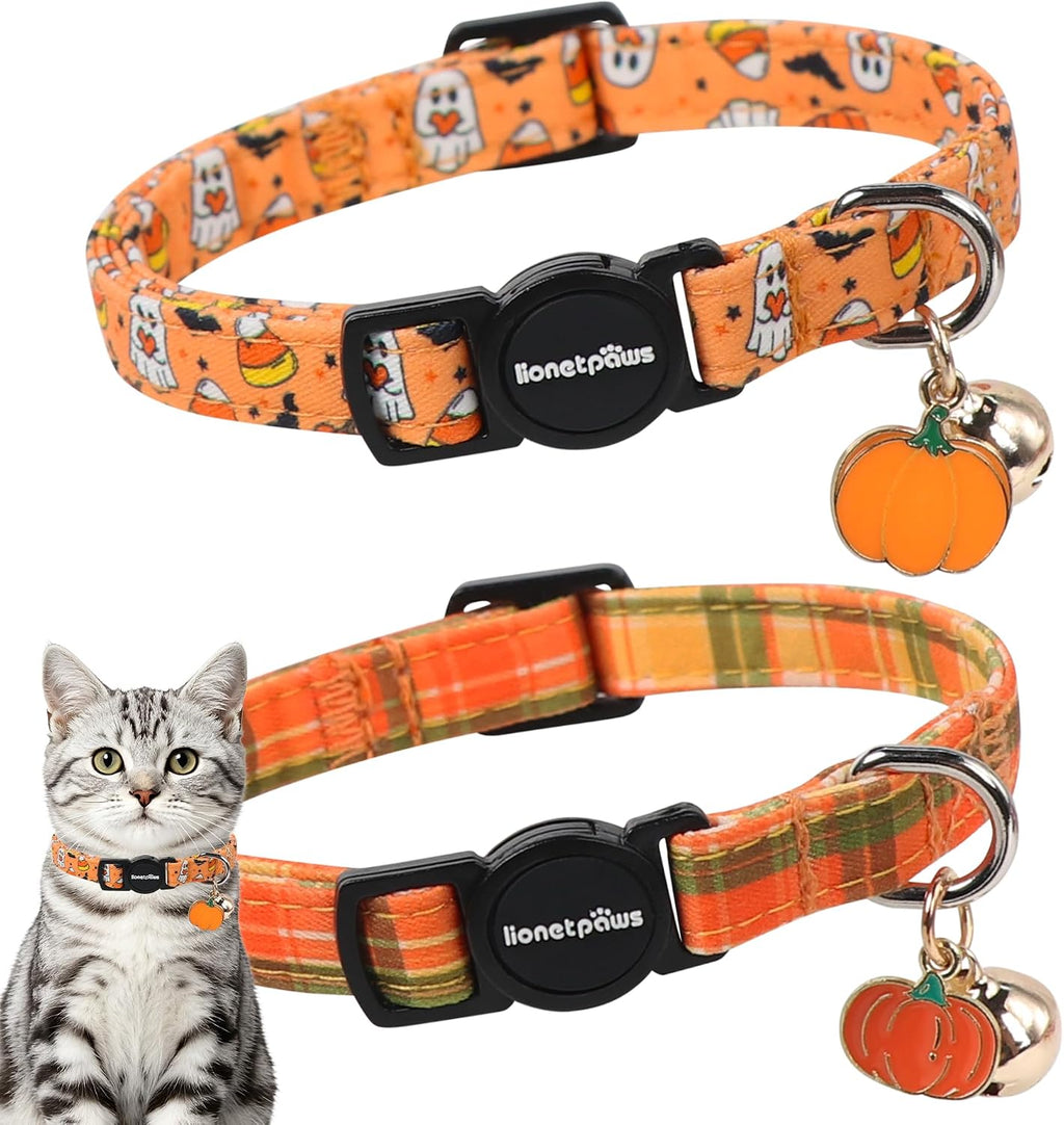 LIONET PAWS 2 Pack Breakaway Cat Collars, Cute Soft Cotton Halloween Orange Pumpkin Ghost & Fall Plaid Kitten Collars with Bell & Charm for Boy Girl Cats