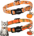 LIONET PAWS 2 Pack Breakaway Cat Collars, Cute Soft Cotton Halloween Orange Pumpkin Ghost & Fall Plaid Kitten Collars with Bell & Charm for Boy Girl Cats