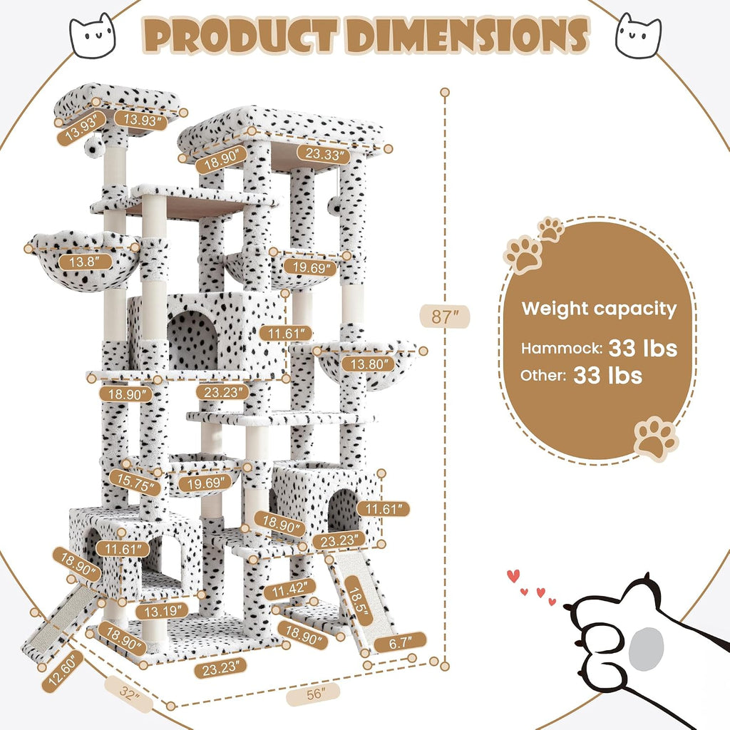 SHA CERLIN 87 in Multi-Level Tall Cat Tree Tower for Large Cats/Extra Wide Feline Activity Center/Sisal Scratching Posts/Wide Base/Cozy Plush Perches/Baskets/Hammocks/Toy Balls/White & Black Spot
