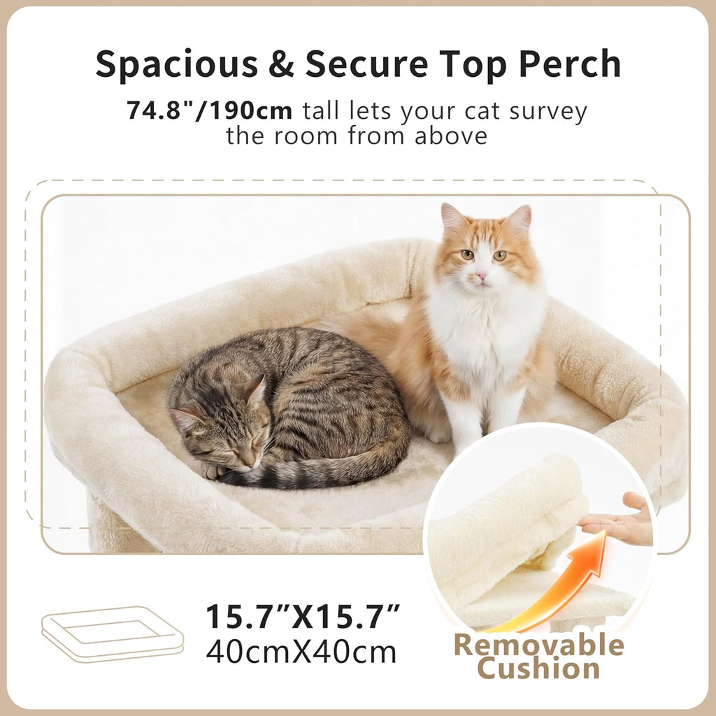Heybly Cat Tree, 74.8'' Spacious & Tall Cat Tower for Large Cats HCT062MJ-1