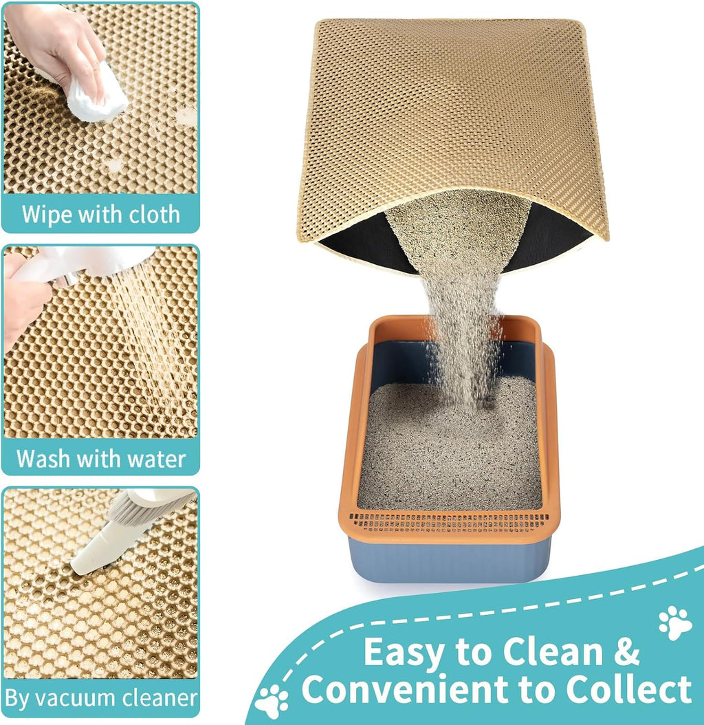 Cat Litter Mat XL 28"x47", Litter Mats Extra Large Easy Clean, Less Mess | EVA Double-Layer Honeycomb Litter Trapping Mat, Anti-Scatter Anti-Tracking Cat Mat, Waterproof, Rinse or Vacuum(Khaki)