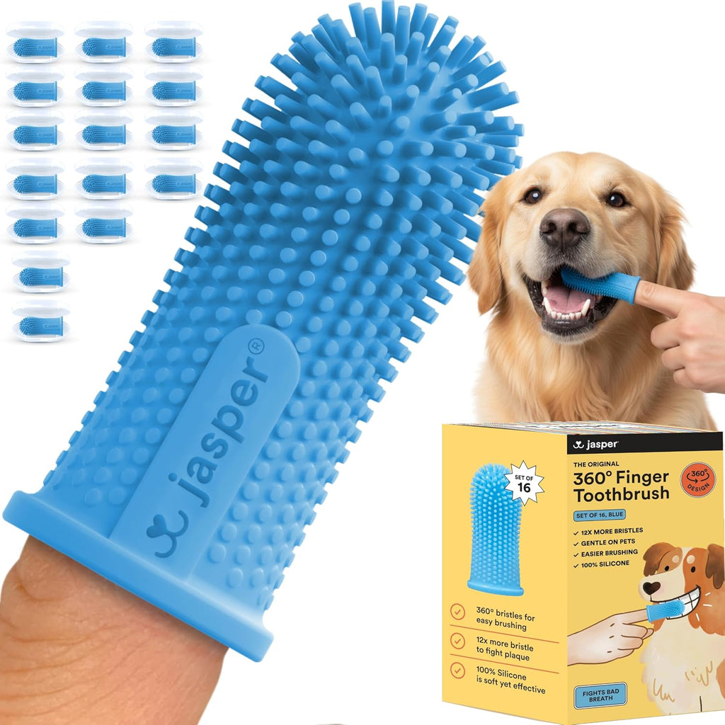 Jasper Dog Toothbrush, 360° Finger Toothbrush for Dogs & Cats, Blue 16-Pack | 12x More Bristles, Teeth Cleaning Kit for Small & Large Pets, Toothpaste Not Included, Fights Bad Breath, Extra Soft Silicone