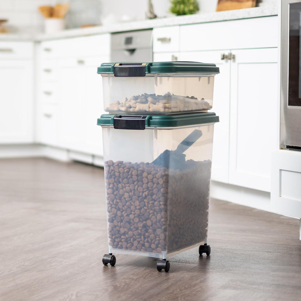 IRIS USA Airtight Pet Food Container, Up to 30 lbs & 11 lbs, Green | Airtight Seal, BPA-Free, 2-Cup Scoop, Stackable Design, Rolling Wheels, Dual Storage 
