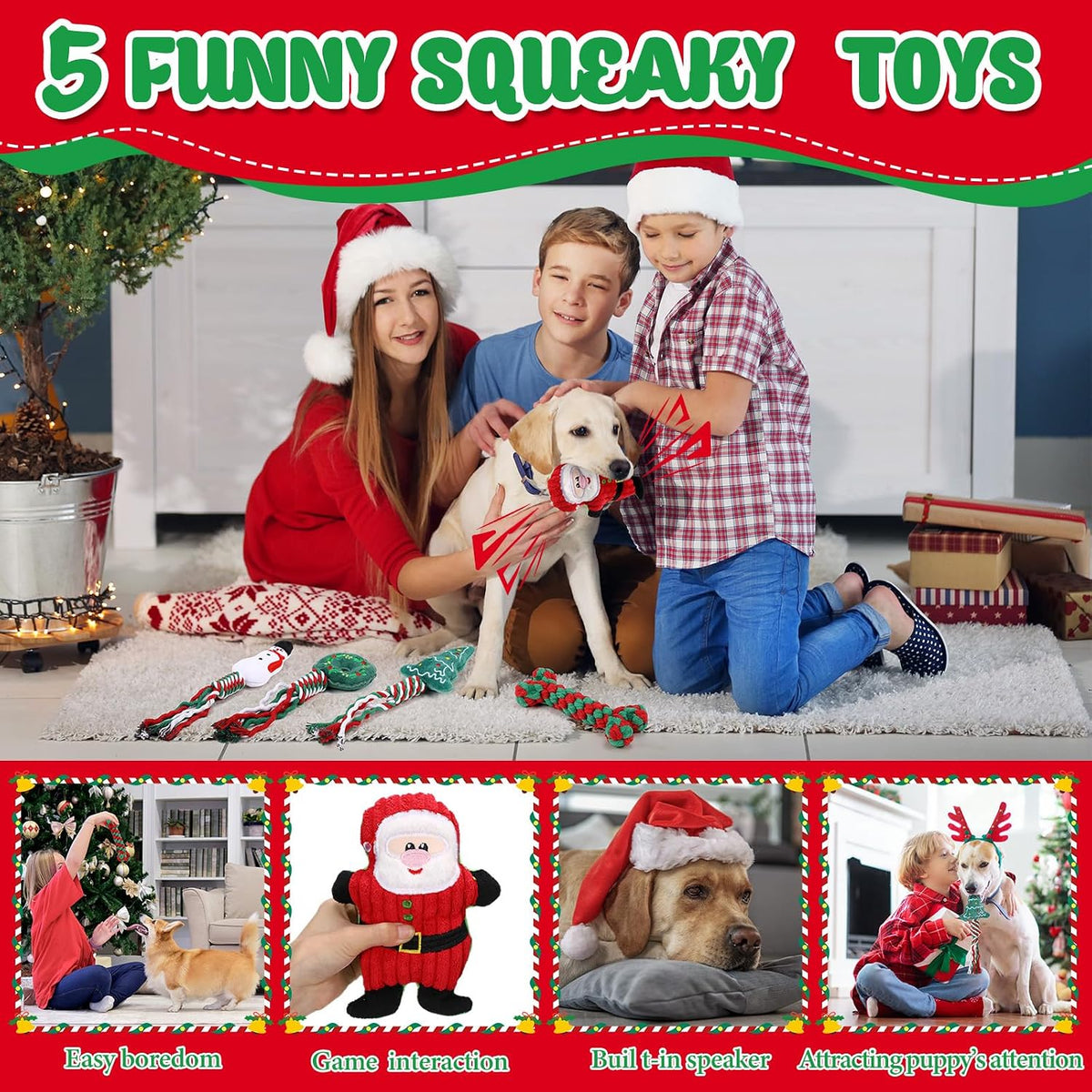 Vinsot 12 Pack Christmas Dog Gifts Large Dog Toys for Aggressive Chewers | Red Green White Dogs Teething Toys with Dental Rope Squeaky Balls and Chew Bone for Medium Large X-Large Breeds Dogs
