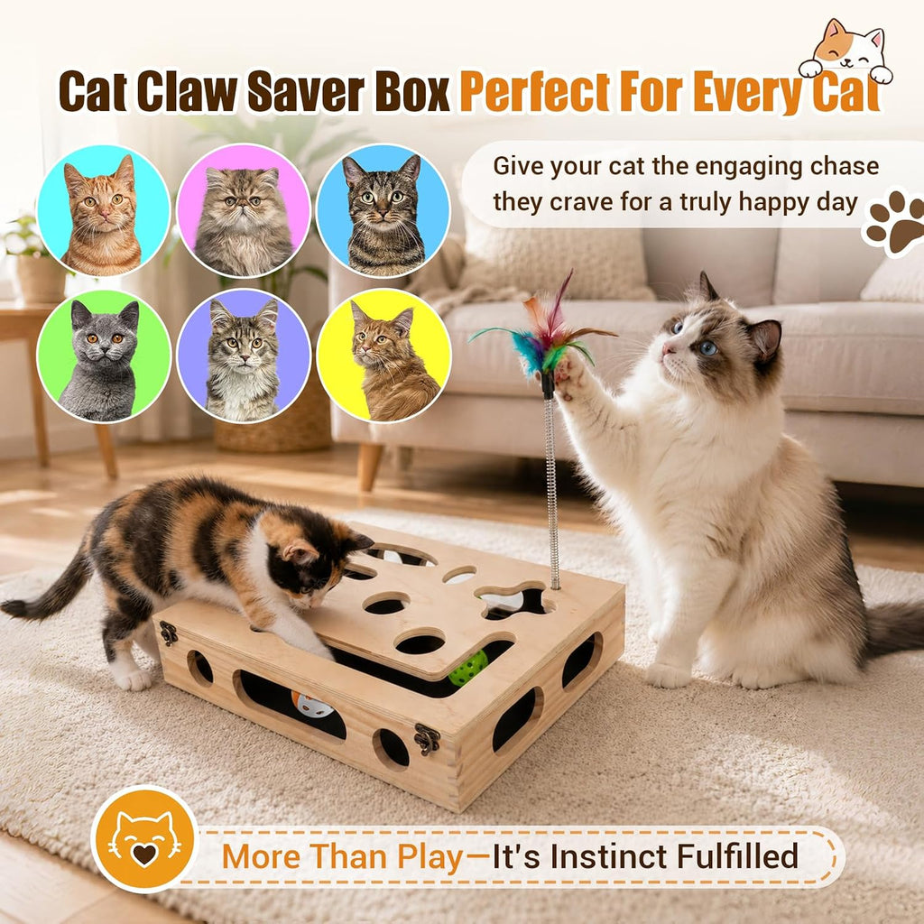 Cat Scratch Puzzle Enrichment Box, Wooden Interactive Toy for Indoor Cat