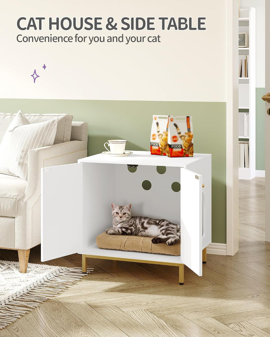 Hzuaneri Cat Litter Box Enclosure, Hidden Litter Box Furniture, Sisal Mat | Wooden Indoor Cat Cabinet, Modern Cat Washroom, Side End Table, for Living Room, Bedroom, White and Gold CB81203G