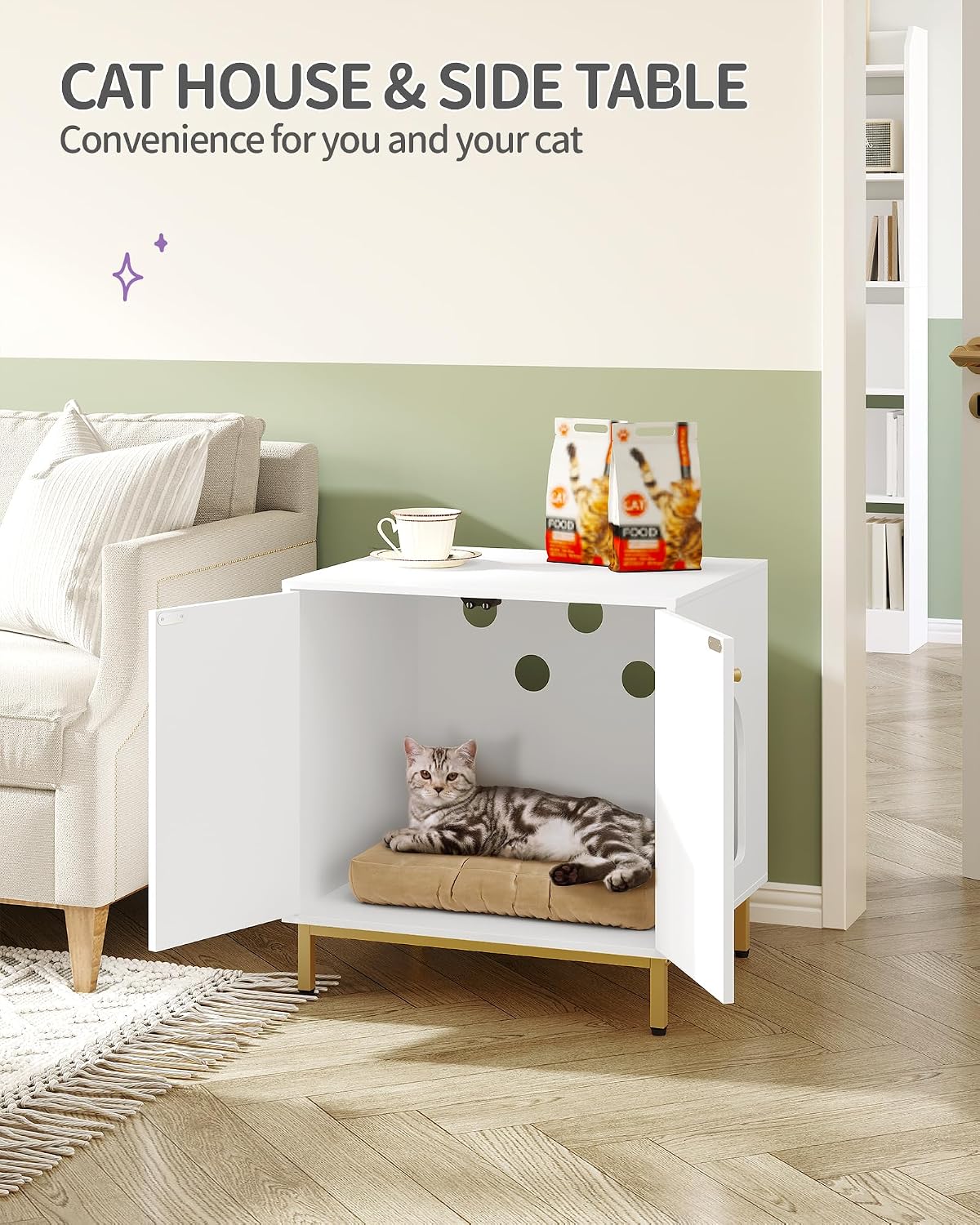 Hzuaneri Cat Litter Box Enclosure, Hidden Litter Box Furniture, Sisal Mat | Wooden Indoor Cat Cabinet, Modern Cat Washroom, Side End Table, for Living Room, Bedroom, White and Gold CB81203G