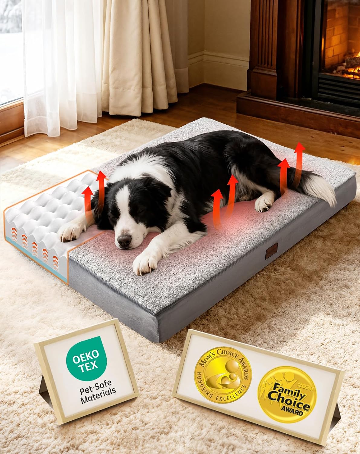OhGeni Self-Warming Orthopedic Medium Dog Bed, Memory Foam, 36 inch-L(Gray)