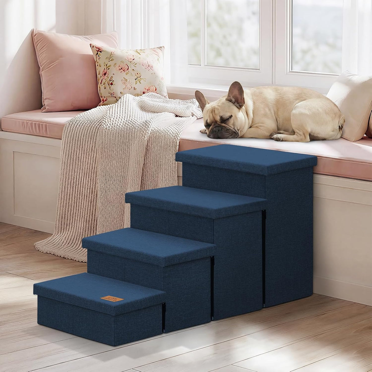 Zerbuger Dog Stairs with Storage, Navy Blue 4 Steps Dog Ramp no Condo