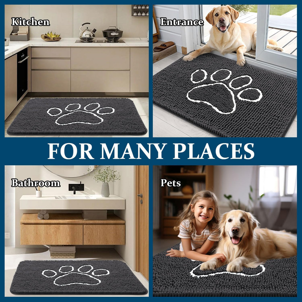 OLANLY Dog Door Mat for Muddy Paws 44x32, Paw Print Design Chenille Mud Mat