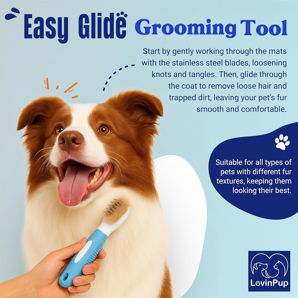 Pet Mat Remover – Professional Dematting Comb for Dogs and Cats | Dematting Comb w/Stainless Steel Rounded Teeth for Gentle Knot & Tangle Removal – Dog Dematting Tools & Dog Grooming Supplies 