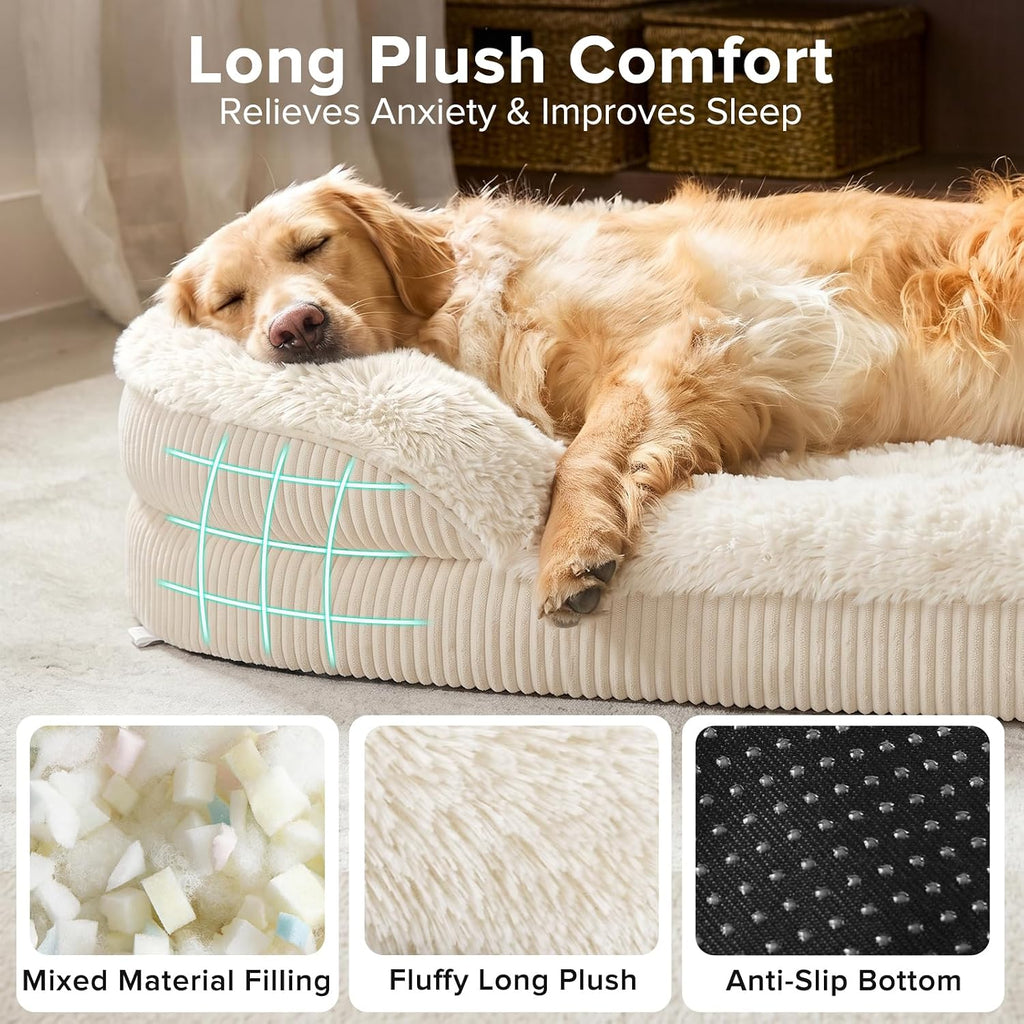 INVENHO Fluffy Orthopedic Dog Beds Large Sized Dog, Jumbo Egg-Crate Foam Bolster Sofa Bed with Washable Removable Waterproof Cover, Fluffy Plush Faux Fur Dog Bed with Non-Skid Bottom