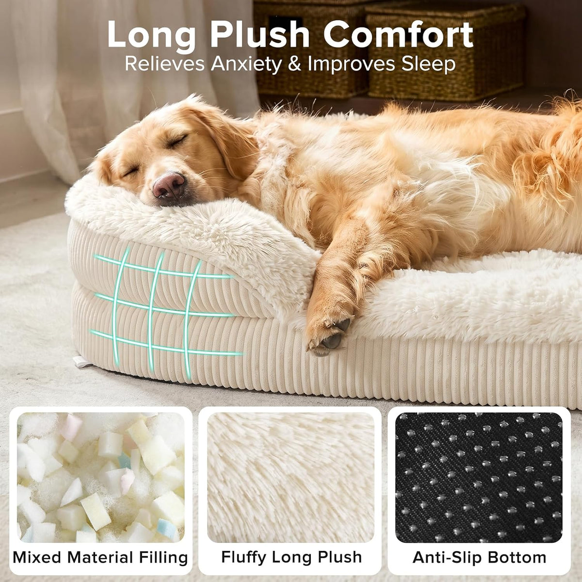 INVENHO Fluffy Orthopedic Dog Beds Large Sized Dog, Jumbo Egg-Crate Foam Bolster Sofa Bed with Washable Removable Waterproof Cover, Fluffy Plush Faux Fur Dog Bed with Non-Skid Bottom