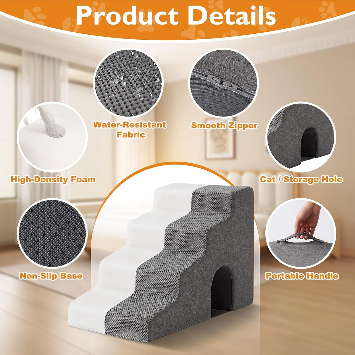 Ahpmeoa Dog Stairs for Bed 19.5’’ H, 4-Step Dog Steps for High Bed, Grey