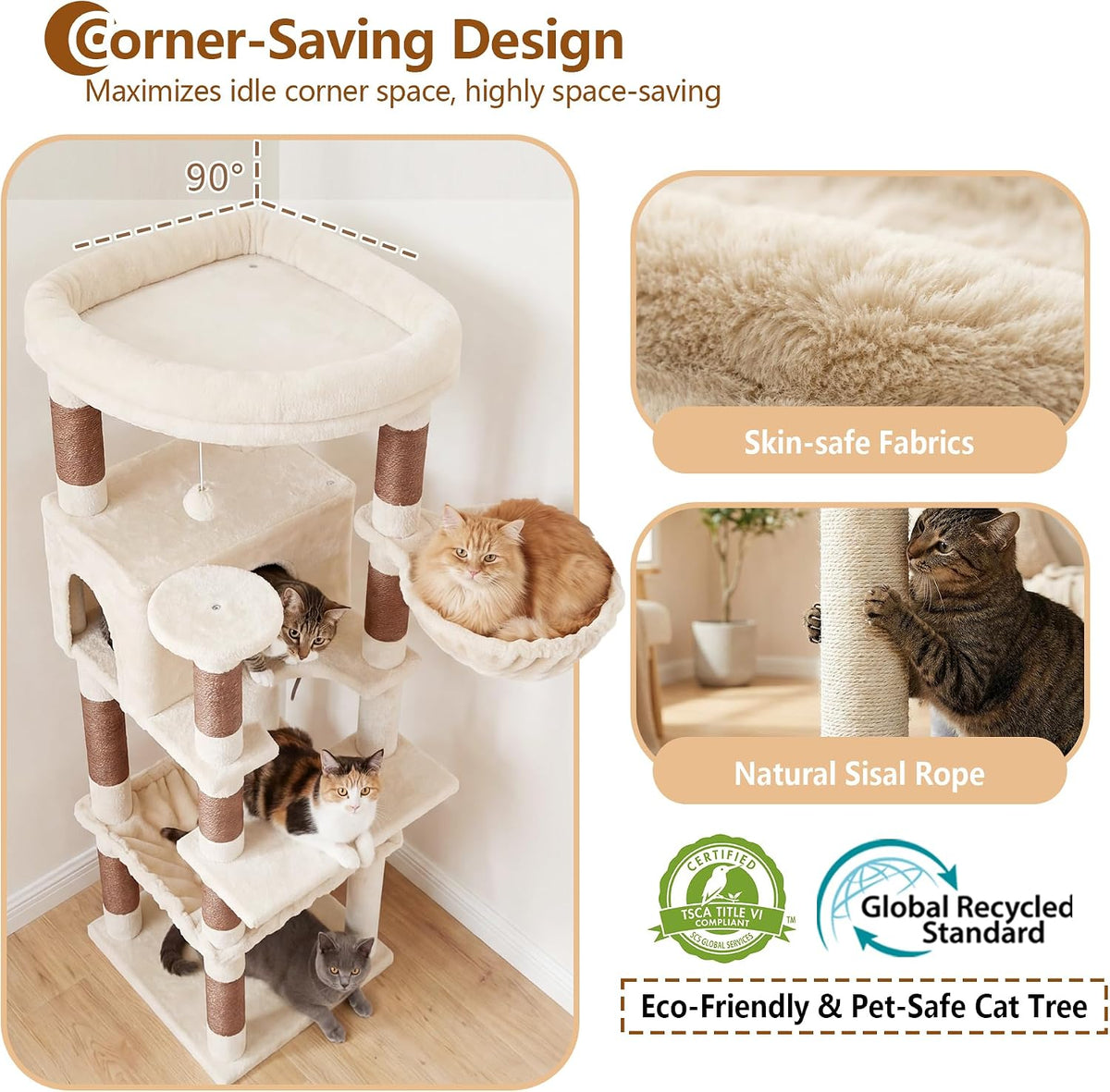 Heybly 53.1" Corner Cat Tree for Large Cats – Interactive Play HCT029MJ