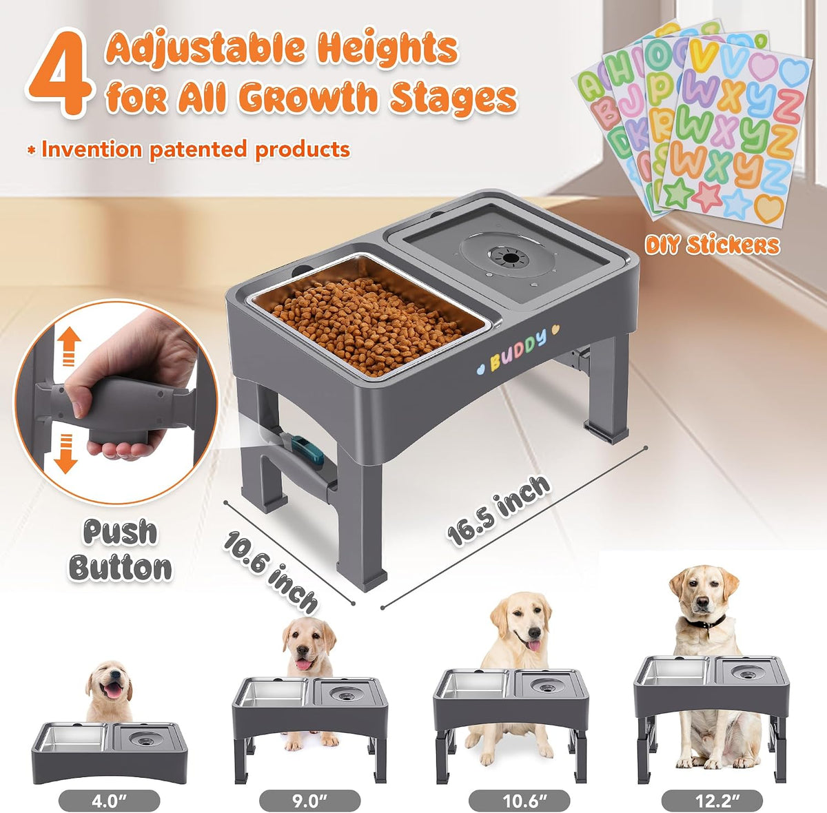 Decflow 2-in-1 Elevated Dog Bowls with 4 Height Adjustable Raised Stand | 304 Stainless Steel Dog Food Bowl, No Spill Water Bowl, DIY Stickers, Anti-Slip Pet Feeder Set for Small, Medium & Large Dogs